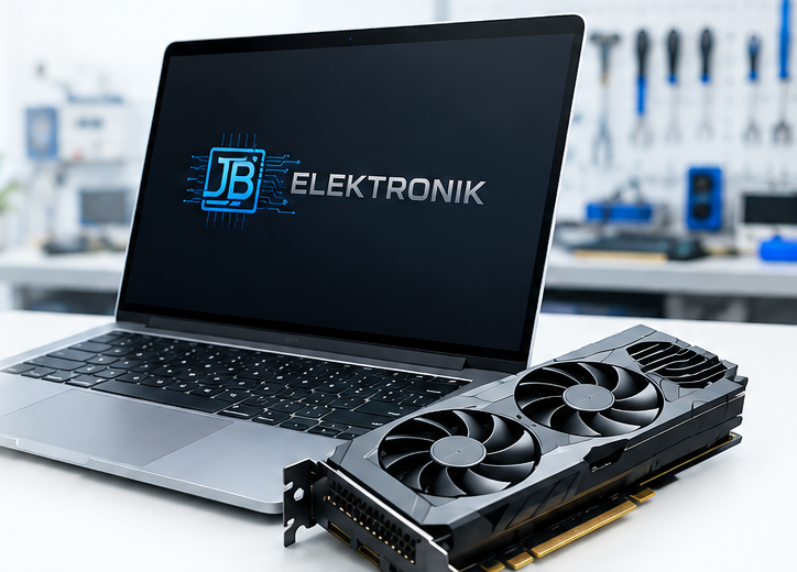 Laptop z logo JB Elektronik oraz karta graficzna na stanowisku serwisowym